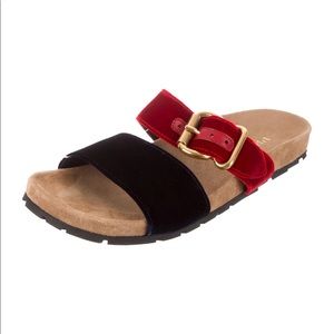 Like New Prada Double Strap Red Blue Velvet Slides Sz 38